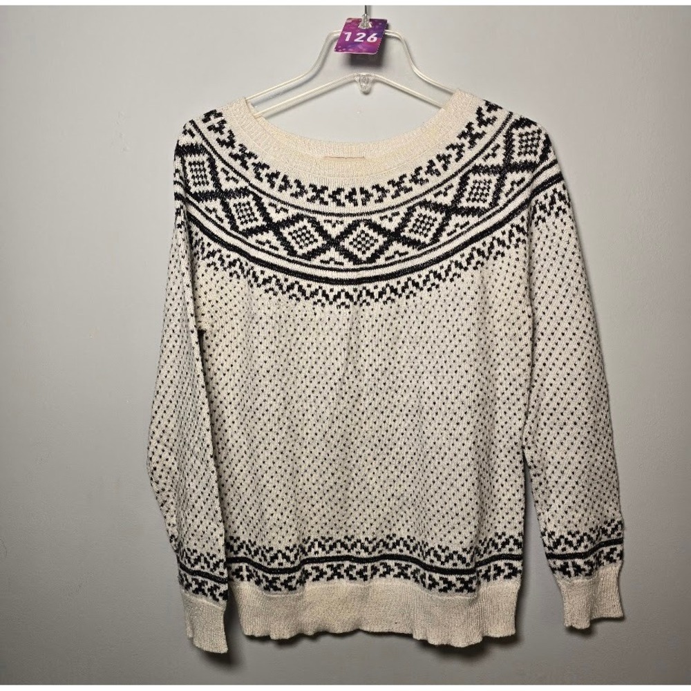 LOFT Women Sweater Ivory Black Fair Isle Metallic Knit Pullover Holiday Size M